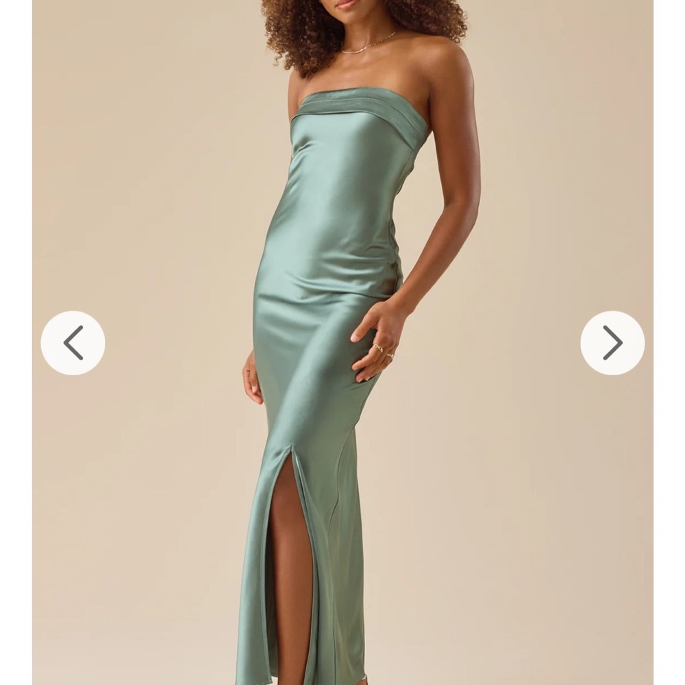 Altar'd State Strapless Satin Gown in Sage Green